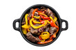 Fajitas beef meat traditional Mexican food dish in a pan.  Isolated, transparent background.