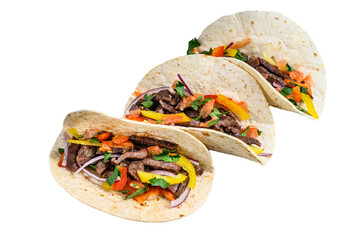 Wall Mural - Mexican tacos with beef meat, onion and sweet pepper.  Isolated, transparent background.