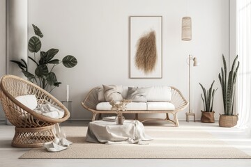 Wall Mural - White living room wall. Scandi boho interior mockup. Free copy space for your image, text, or design. Rattan armchair, macrame, sofa. Generative AI