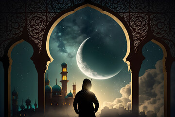 Wall Mural - A man is standing in front of a mosque, looking at the moon, Ramadan, Generative AI