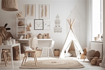 Wall Mural - White kid room wall. Scandi boho interior mockup. Picture poster space. Console, rattan chair, toys, macrame. Baby friendly room. Generative AI