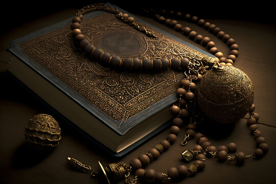 Islamic Koran book and rosary for prayer on brown table, Ramadan, Generative AI