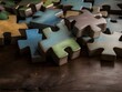 Beautiful wooden jigsaw puzzle pieces on a wood table illustration, challenge or mystery to solve, symbol for solving a problem, difficult question, answer, define a strategy, made with AI Generative