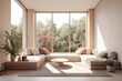 © AkuAku - Scandinavian minimalism. Bright studio living room with modular couch and stucco mockup. Forest view panoramic windows. illustration. Generative AI