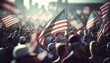 Background blur of crowd at political rally in the United States holding signs and carrying US flags. Great image for upcoming election cycle in 2016 presidential campaigns. Copy space