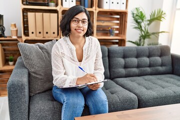 Poster - Young latin woman having psychology session at psychology center