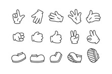 Vector Set Of Limbs For Creator Of Cartoon Retro Mascot, Logo And Branding. Monochrome Elements Of A Hand In Gloves And A Foot In Boots. The Clipart Is Isolated On A White Background.