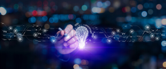 Businessman hand touching on hologram light bulb, Idea and imagination, Creative and inspiration, Science innovation with network connection, Solution analysis and development, Innovative technology