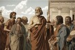 digital illustration of Socrates preaching philosophy in Athens, detailed Parthenon, earthy tones, solemn atmosphere, intense. generative ai