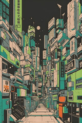 Wall Mural - Anime Japan City retro halftone, anime and manga illustration, Generative AI