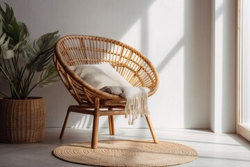 wicker chair on white. Modern boho, bohemian, scandinavian, and minimal details. Generative AI