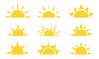 Set of half sun vector icons. Yellow sunrise or sunset. Solar beams. Vector 10 Eps.