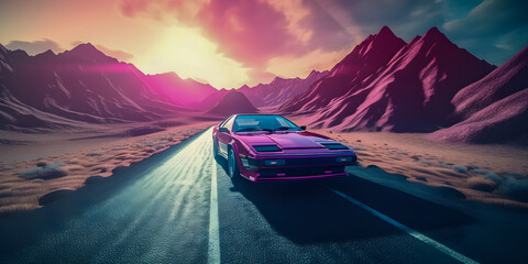 Wall Mural - Sleek retrowave car with neon lights illuminating on the city streets, Generative AI