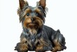 Scruffy adult blue gold Yorkshire terrier dog, sitting up facing front Looking towards camera and smiling. Isolated cutout on a transparent background. Generative AI