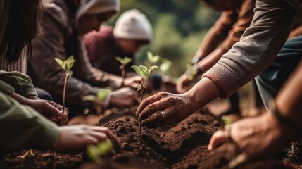 People hands planting trees or working in community garden promoting local food production and habitat restoration, concept of Sustainability and Community Engagement. Generative AI.