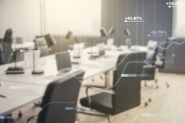 Multi exposure of creative statistics data hologram on modern corporate office background, stats and analytics concept