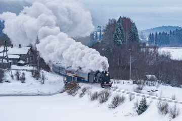 Wall Mural - Retro steam train moves at winter morning.