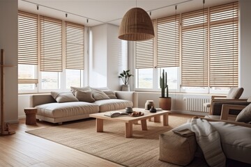 Wall Mural - Beige toned wooden living room. Carpets, cushions, venetian blinds, and fabric couch. Simple interiors. Generative AI