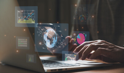 Wall Mural - young entrepreneur using big data analysis and cloud technology to collect customer data and display