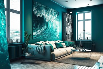 Canvas Print - Beautiful rich home interior blue with white sofa and painting on wall, created with generative ai