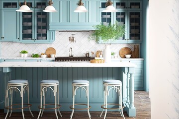 Canvas Print - Kitchen with modern furniture in apartments with home interior blue, created with generative ai