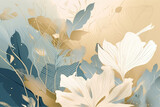 Fototapeta Boho - Luxury minimal style wallpaper with golden line art flower and botanical leaves Organic shapes Watercolor. 