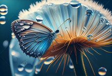 Natural Blue Pastel Background. Morpho Butterfly And Dandelion. Seeds Of A Dandelion Flower In Drops Of Water On A Background Of Sunrise. Copy Spaces. Generative AI