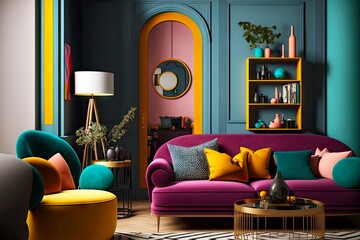 Canvas Print - Crimson sofa with multi-coloured pillows in modern home interior blue, created with generative ai