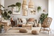 © AkuAku - Modern living room with rattan chairs, cushions, plaid, beige macrame, wooden cubes, tropical plants, and exquisite accessories. Decoration. Gray. Generative AI