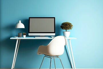 Canvas Print - Office design with computer desk and chair in home interior blue, created with generative ai