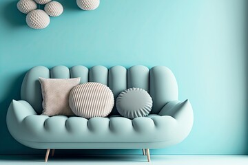 Wall Mural - Delicate cozy home interior blue with comfortable sofa, created with generative ai