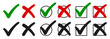 Check mark, tick and cross signs, green checkmark OK and red X icons, symbols YES and NO button for vote, decision, election choice