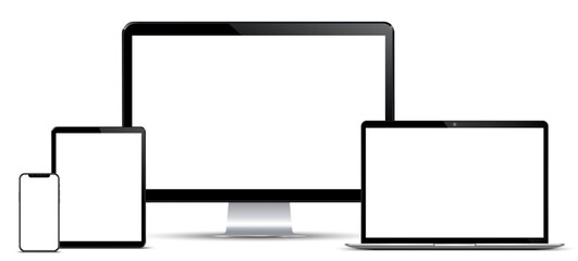 Poster - Set of mockup technology devices with empty display computer, laptop, tablet and mobile phone - vector