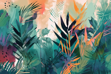 Wall Mural - Digital print design with palm floral and leaves with watercolor brush texture.