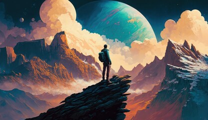 Wall Mural - illustration painting of man on top of mountain looking at another new planet, generate ai