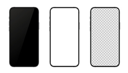 Poster - Set realistic trendy different black smartphone mockup with white empty transparent, white, black touch screen. Detailed mockup smartphone, model mobile - stock vector