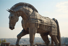 Trojan Horse,the Wooden Horse Inside The City Created With Generative AI Technology