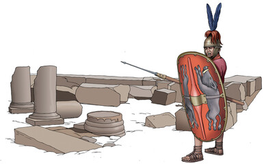 Wall Mural - Ancient Rome - Roman soldier in front of the ruins of a temple