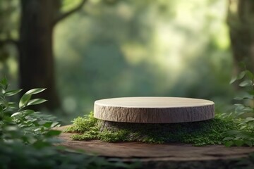 empty wooden tabletop podium in garden open forest, blurred green plants background with space. organic product presents natural placement pedestal display, spring and summer concept. Generative AI