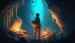 illustration painting of the explorer came to a spooky environment with diamonds, 3D illustration, Generate Ai