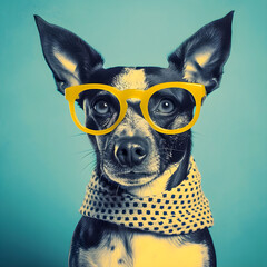 Wall Mural - 50s Vibes dog portrait wearing hipster glasses, Generative AI