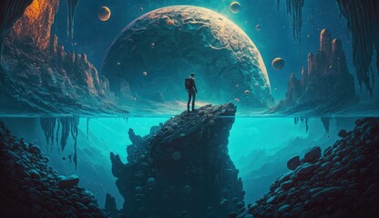 Wall Mural - under water a man on top of mountain looking at another new planet, generate ai