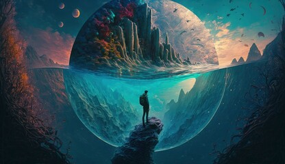 Wall Mural - under water a man on top of mountain looking at another new planet, generate ai