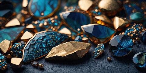 Wall Mural - Colorful precious gems closeup background. Jewelry luxury blue gemstones.