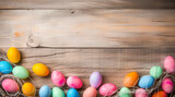 Fototapeta  - Colorful easter eggs on rustic wooden background with copy space. Generative AI