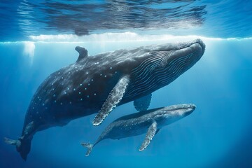 Sticker - Great humpback whale with baby swimming in sea, created with generative ai