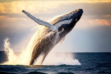 Sticker - Large beautiful whale jumping out of water with its muzzle against background of dawn, created with generative ai