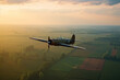 Early morning flight of a Spitfire fighter aircraft. Generative AI.