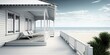 White wooden beach house with sun loungers on the porch. Relaxed view of the sea and white sand. Generative AI.