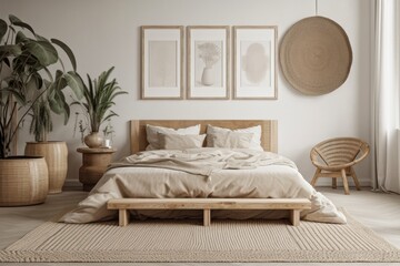 Wall Mural - Mock up frame in beige bedroom with natural wooden furnishings. Generative AI
